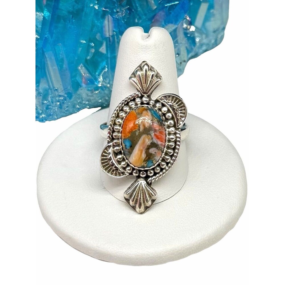 Spiny Oyster Kingman Turquoise Ring 925 Sterling Silver Adjustable Size 7 - 9